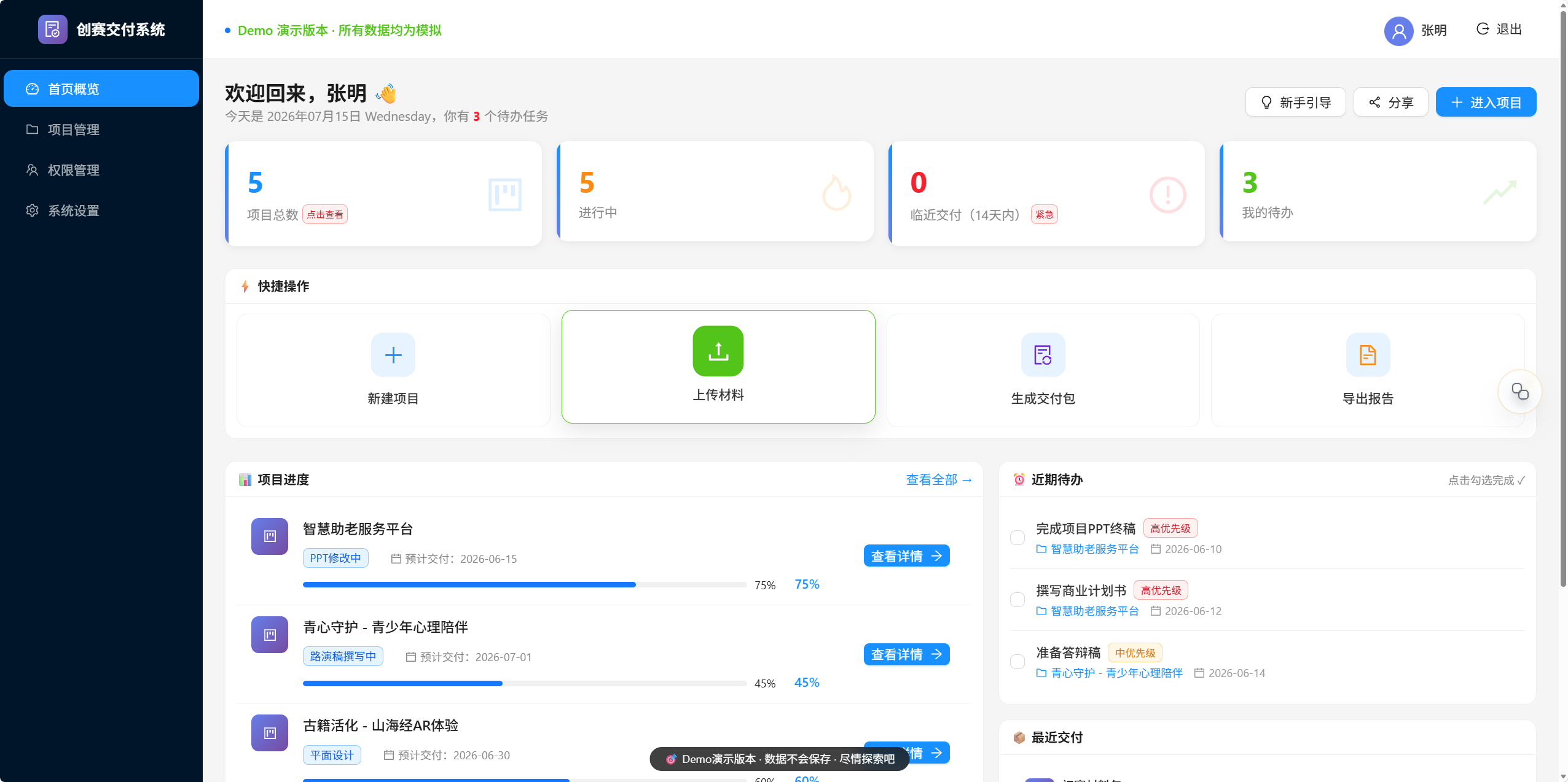 创赛交付系统首页界面截图